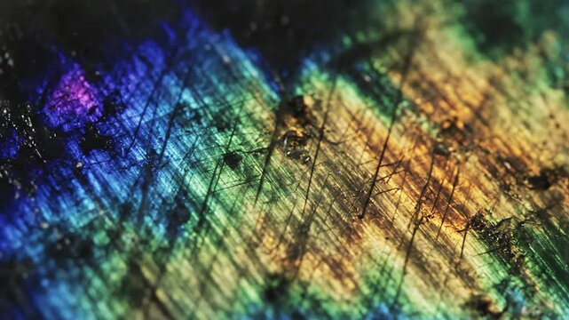 Labradorite mineral displaying spectral colors in extreme close-up