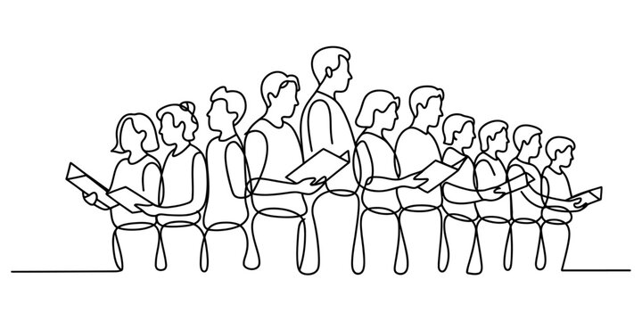 Continuous line drawing of a diverse group of people singing in a choir performance Vector, illustration