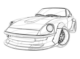 Fototapeta premium Detailed sketch of a sports car contour with a white background. This activity page is perfect for kids who enjoy cars.