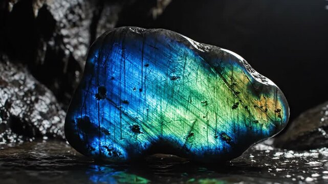 Labradorite Gemstone Displaying Spectral Flash in Dim Light