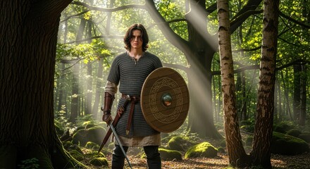 Naklejka premium Young warrior stands ready for battle holding a sword and round shield within a sunlit forest