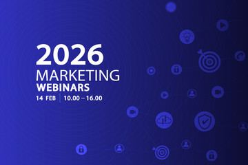 Fototapeta premium Marketing webinars background for seminar banner and digital event presentation. Blue network nodes design for workshop flyer, technology poster, and modern corporate backdrop template with copy space