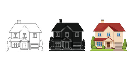 Set of three house illustrations outline sketch, black silhouette, and full color cartoon drawing of a suburban family home with garage and garden elements