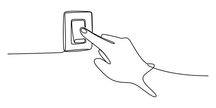 Continuous line drawing of a hand turning on or off a light switch on a wall Vector, illustration