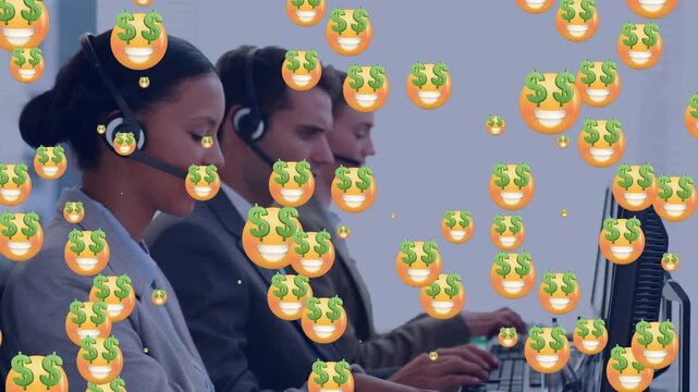 Animation of emoji icons over diverse business people using computer
