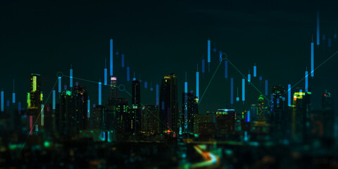 Naklejka premium Digital Financial Analytics Displayed over Night City Skyline.