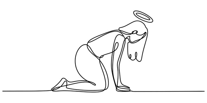 A continuous line drawing depicting a sorrowful angel kneeling in reverence or despair Vector, illustration