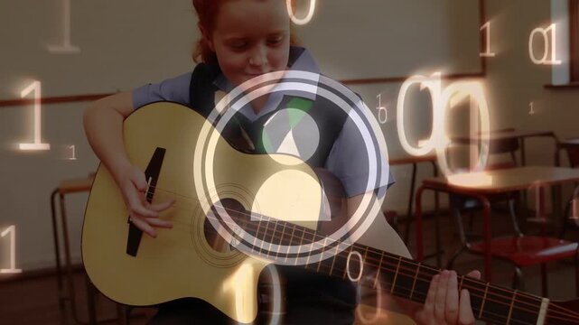 Animation of binary code and icon over caucasian girl playing guitar