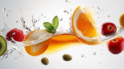 Vibrant Fruit Medley in Motion: Splash of Freshness with Orange, Apple, Kiwi, Raspberry