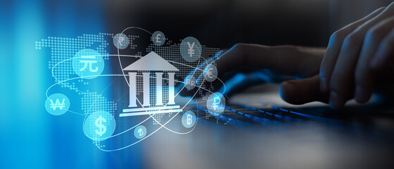 Global banking system visualization with international currencies and digital financial connections.