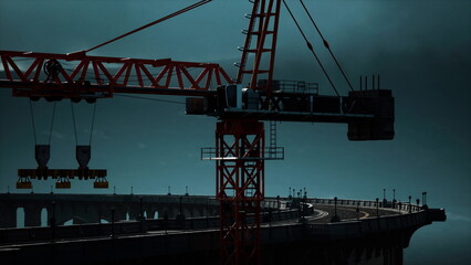 A tower crane stands tall at twilight, silhouetted against a dark sky. It appears to be busy over a winding road that is adjacent to a large bridge structure, creating an atmospheric scene. © icetray