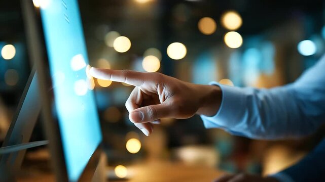 Faceless mature businessman hand pointing at touch screen, computer monitor interaction, coworking office operation, business interface control, professional workspace task, defocu