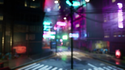 Obraz premium Colorful lights shine brightly in a busy city street at night. The atmosphere is electric with the glow of neon signs and the distant sounds of urban life.