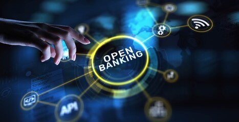 Fototapeta premium Open Banking Enabling Secure Financial Transactions and Data Sharing, projection on a virtual screen, Business and Technology Concept.