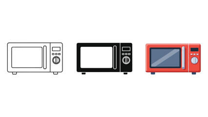 Obraz premium Set of three microwave oven icons or illustrations outline, solid black, and colored, representing kitchen appliance for heating food