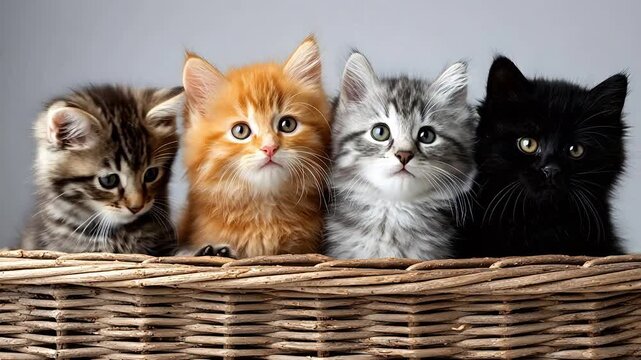 Five adorable fluffy kittens sitting together in a wicker basket and looking up at the camera with distinct fur patterns and soft lighting.