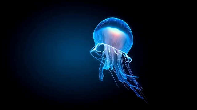 Luminescent jellyfish, body lit, elegant, floating in dark water, dark blue and black colors