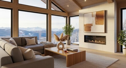 Fototapeta premium Luxurious contemporary living space features floor to ceiling windows showcasing a snowy mountain landscape