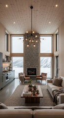 Fototapeta premium Modern mountain retreat features vaulted wooden ceiling and panoramic snowscape views