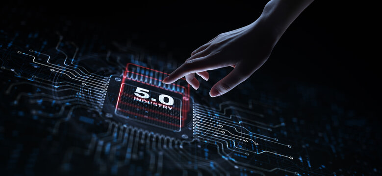 Industry 5.0 Human-Centric Manufacturing Illustrated on a Processor Touched by a Human Hand.