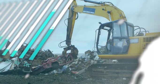 Animation of statistical data processing over crane operating at junkyard