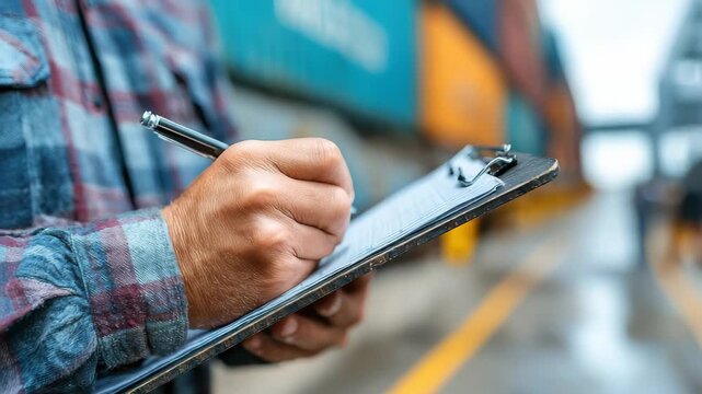 Worker holds clipboard and writes notes in a shipping yard during a cloudy day while looking at containers in the background