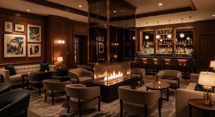 Fototapeta premium Luxurious dimly lit lounge area features plush seating surrounding a modern gas fireplace near a fully stocked bar.
