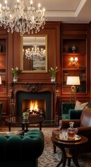 Fototapeta premium Elegant interior room features rich wood paneling surrounding a lit fireplace and plush seating arrangements