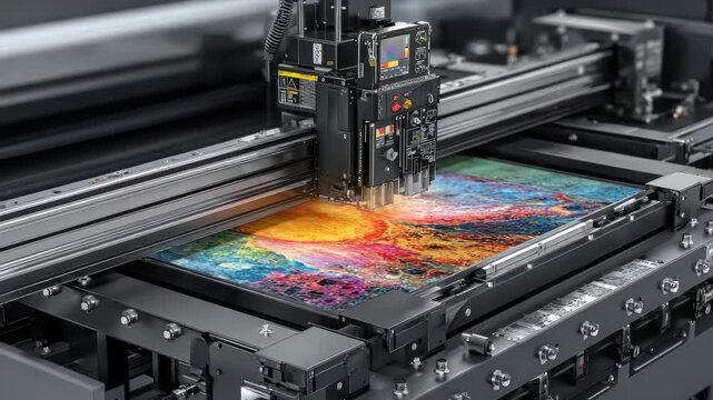 High quality 4k video of a large printer producing vibrant designs in a modern printing facility