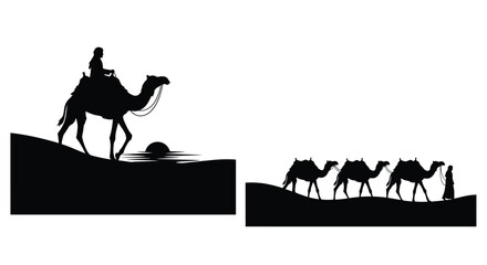 Camel caravan crossing desert landscape with a striking silhouette © MDJAMAL