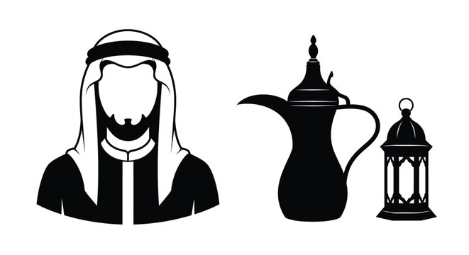 Arab man coffee pot and lantern in a stark black silhouette