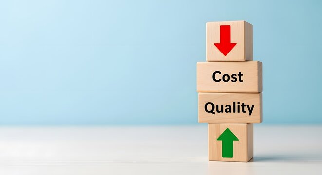 Stacked cubes showing decreasing cost and increasing quality on blue
