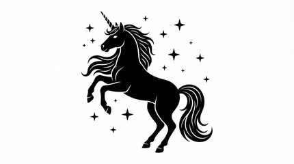 Rearing unicorn silhouette with stars on white background