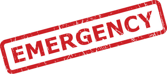A striking red rectangular rubber stamp clearly showing the urgent word EMERGENCY on a white surface