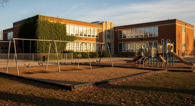 Children's playground with swings and climbing frame outside a modern school building surrounded by trees on a sunny day