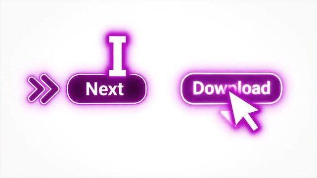 Digital graphic featuring "Next" button with I & a cursor, "Download" button, arrows, all in purple glow