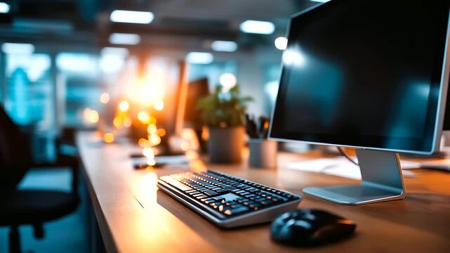 Modern workplace with computer monitor setup, professional desk environment, business technology display, office workstation arrangement, productivity workspace design, defocused i