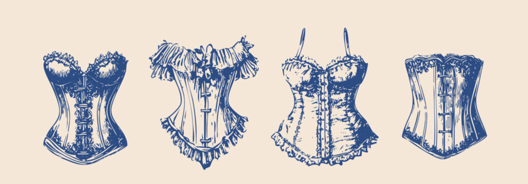 vintage rococo fashion illustrations, hand drawn engraving style, antique women's garments, corsets, blouses