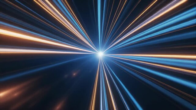 Abstract futuristic light beams with blue and orange streaks converging to a bright point in space