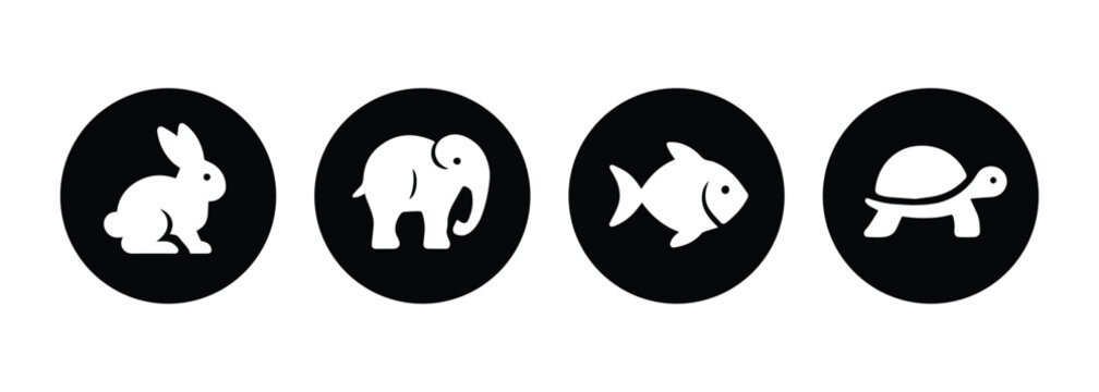 Minimalist Animal Icon Set with Rabbit, Elephant, Fish, and Turtle White Silhouettes in Black Circles for Wildlife Branding and Nature Web UI Design isolated on white