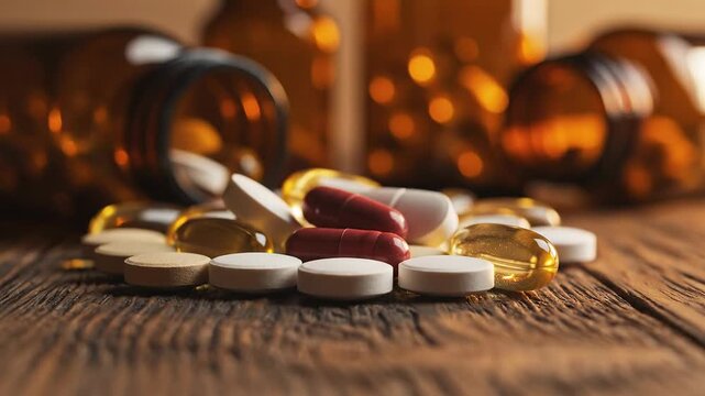 Pile of assorted pills and capsules spilling from amber bottles onto a wooden table