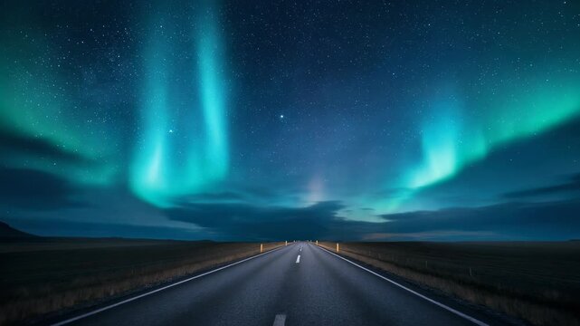 Stunning view of empty road under vibrant northern lights and starry night sky in remote landscape