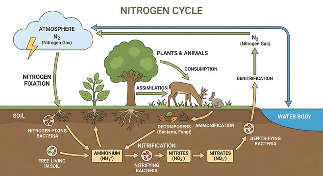 Nitrogen Cycle: A detailed and informative illustration showcases the intricate process of the nitrogen cycle.