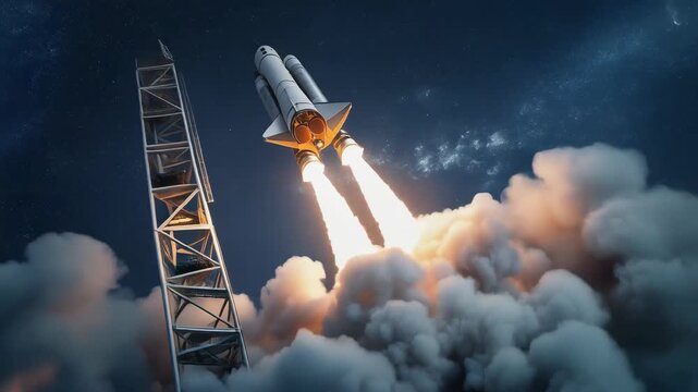 Powerful space shuttle launching into starry night sky with bright flames and smoke clouds