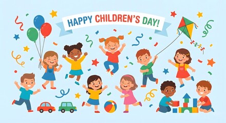 Joyful Children's Day Celebration: A vibrant scene of children playing and celebrating the special day, filled with balloons, confetti, and a kite, conveying happiness and togetherness.