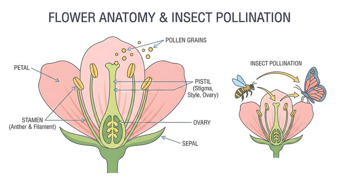Flower Anatomy & Insect Pollination: A detailed diagram illuminates the intricate structure of a flower, showcasing its anatomy and the crucial process of insect pollination, vital for reproduction.