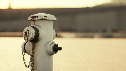 A white fire hydrant stands proudly near the water, catching the glow of the sunset. Its strong presence contrasts with the fading light, creating a striking scene of urban life. © icetray