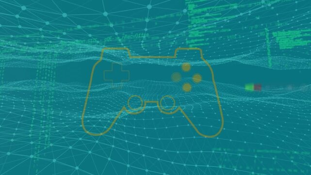 Animation of rainbow lens flare over videogame controller icon, digital wave and data processing