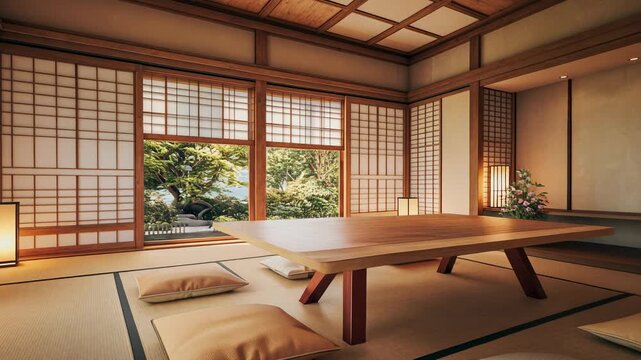 Traditional Japanese tatami room with low wooden table and cushions overlooking garden view
