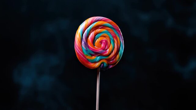 Vibrant spiral lollipop on stick against dark background with blue smoke accents